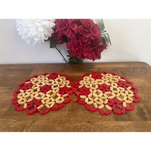 Vintage Bamboo and Wood Trivet Pair Red and Natural Woven‎ Pattern MCM Kitchen